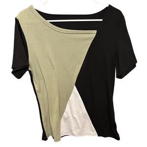 Colorblock Asymmetrical Top Black Sage Green White Short Sleeve Tee